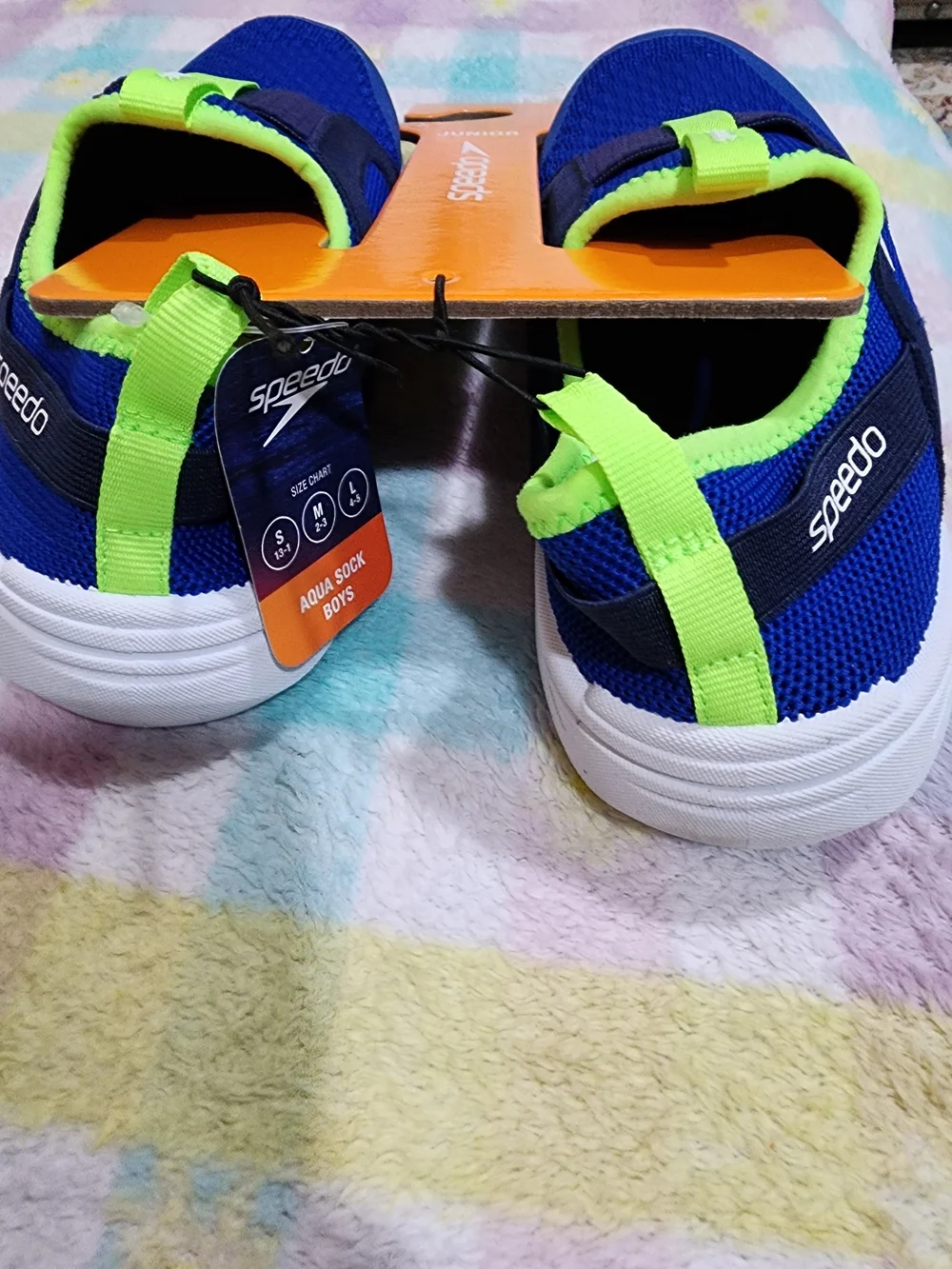 Speedo Junior Cobalt Blue and Neon Green Slip-On Water Shoes L ( 4-5)